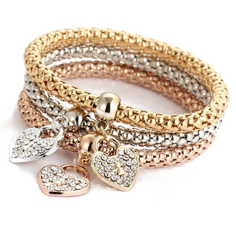 BJ012 3PCS/Set Corn Chain Bracelet Crystal Gold Multilayer Charms Pendant Bracelet for Women&Girls