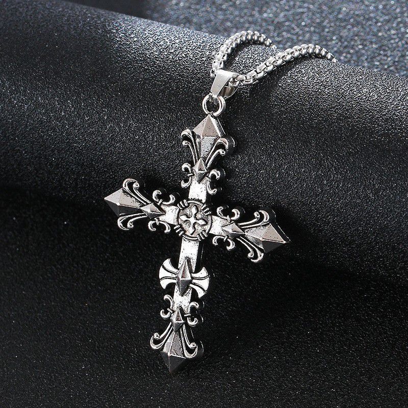 Necklace  Cross flower pendant, cross titanium steel necklace, cross pendant necklace 70cm chain necklace unisex