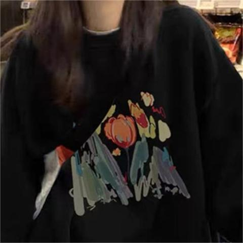 Women's Spring and Autumn New Rose Black Top Long Sleeve Crewneck Top