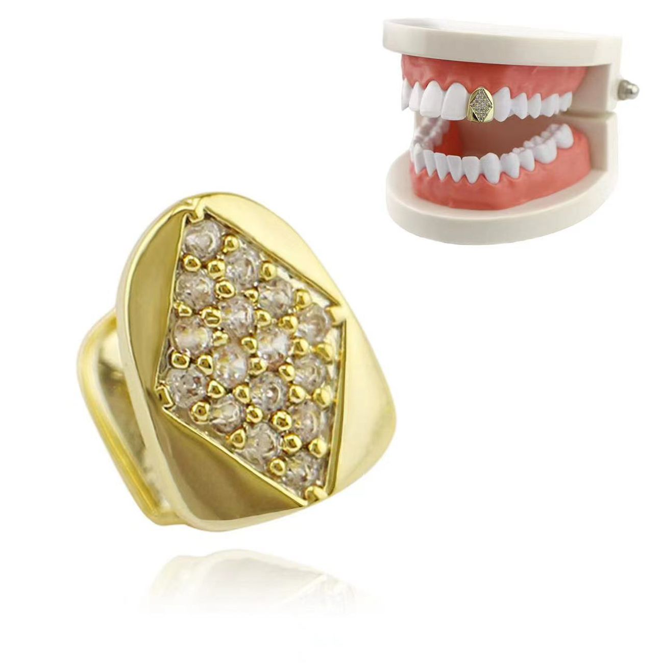 HIPHOP grillz braces single gold/silver inlaid zircon teeth grillz tooth grillz gold teeth silver teeth【Diamond-shaped】