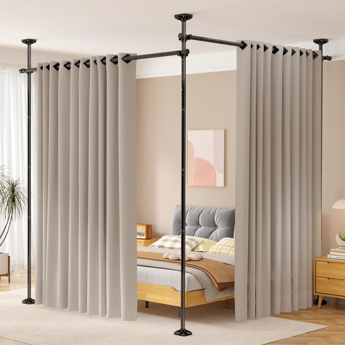 Room Divider No Drilling Curtain Rod Wall Divider for Room Separation, 4-10ft(H) 28-114inch(W) Adjustable, Heavy Duty Partition Space Separator Freestanding Tension Curtain Stand, White