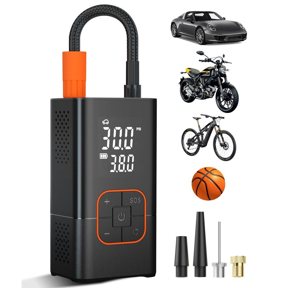Tire Inflator Portable Air Compressor-150PSI Bike Pump, Portable Tire Inflator Cordless with Tire Pressure Gauge LED Lights, Air Pump for Car Tires, Bike, Motorcycle, Ball (Orange)