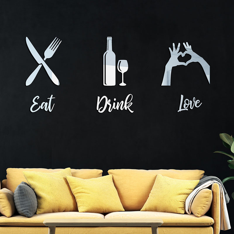 JM806 Eat Drink Love Letters Knife And Fork Acrylic Mirror Sticker 3D Self-Adhesive DIY Mirror Wall Sticker