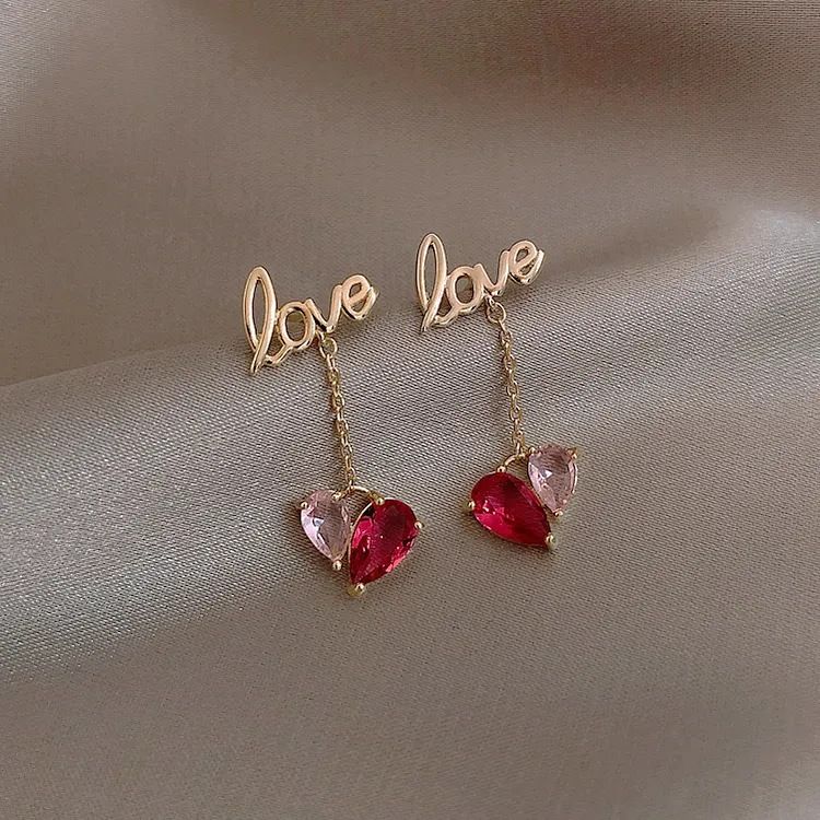 M427 Love letters red rhinestone drop earrings