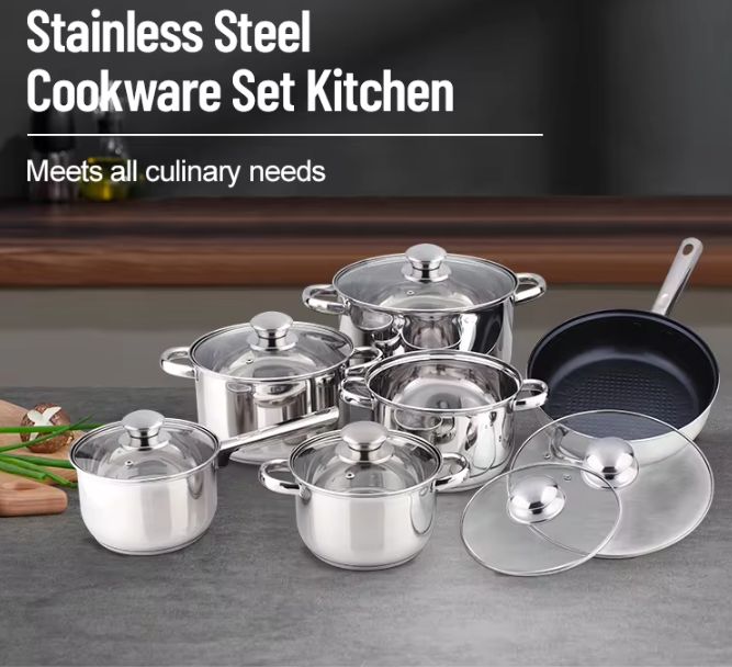 High-Quality 12Pcs 6 set Stainless Steel Silver Cooking Pots and Pans Nonstick Capsulted Cookware Sets