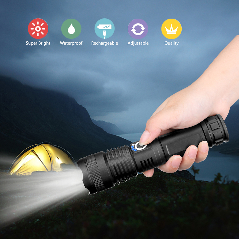 Adjustable Flashlight Strong Light Rechargeable LED Torch 18650 or 26650 Battery Zoom 5 Modes Outdoor Camping Emergency
