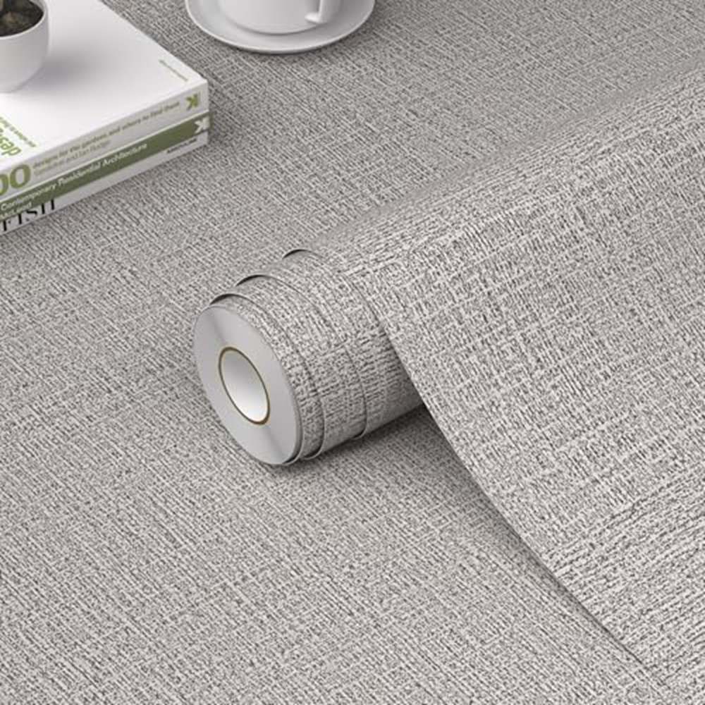 Grasscloth Peel and Stick Wallpaper 50*100cm, Textured Contact Paper for Cabinets, Faux Linen Wall Paper Pull and Stick, Fabric Vinyl Wallpaper Self Adhesive Light Gray