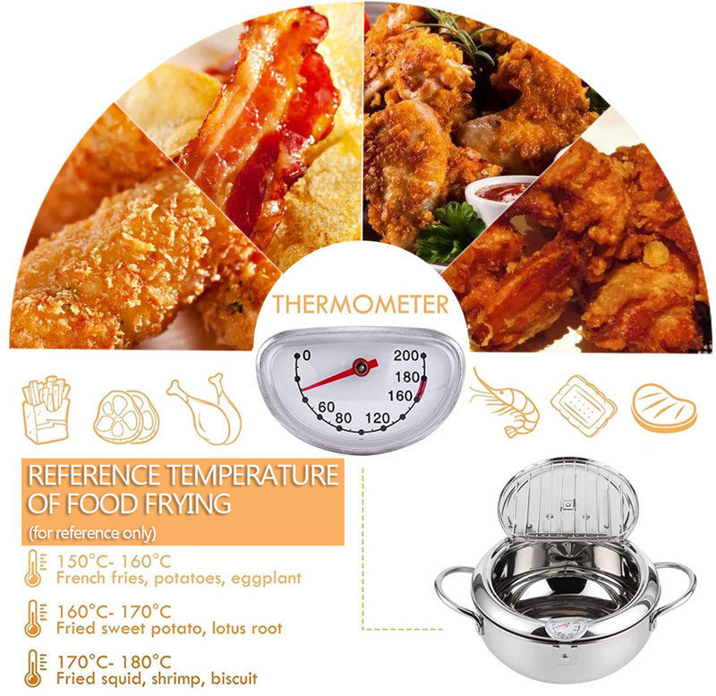 Ultron Japanese Deep Fryer With Thermometer and Lid 304 Stainless Steel Kitchen Tempura Fryer Pan Fryer Without Oil Frying Pan Fryer