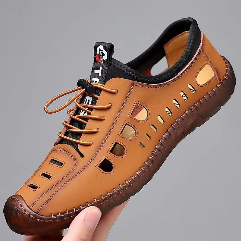 2024 summer new soft leather breathable perforated shoes beef tendon soft soled sandals TPR