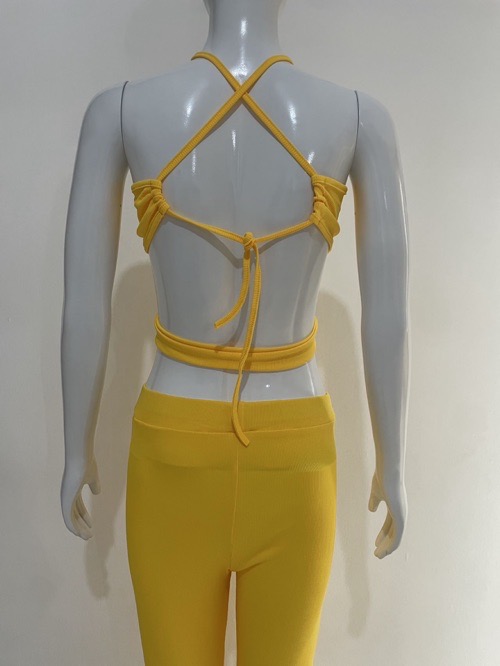 Suspenders pleated slim fit two-piece set Spice girl pleated suspenders, slacks set solid color knitted split top + bootcut slim turned-up trousers