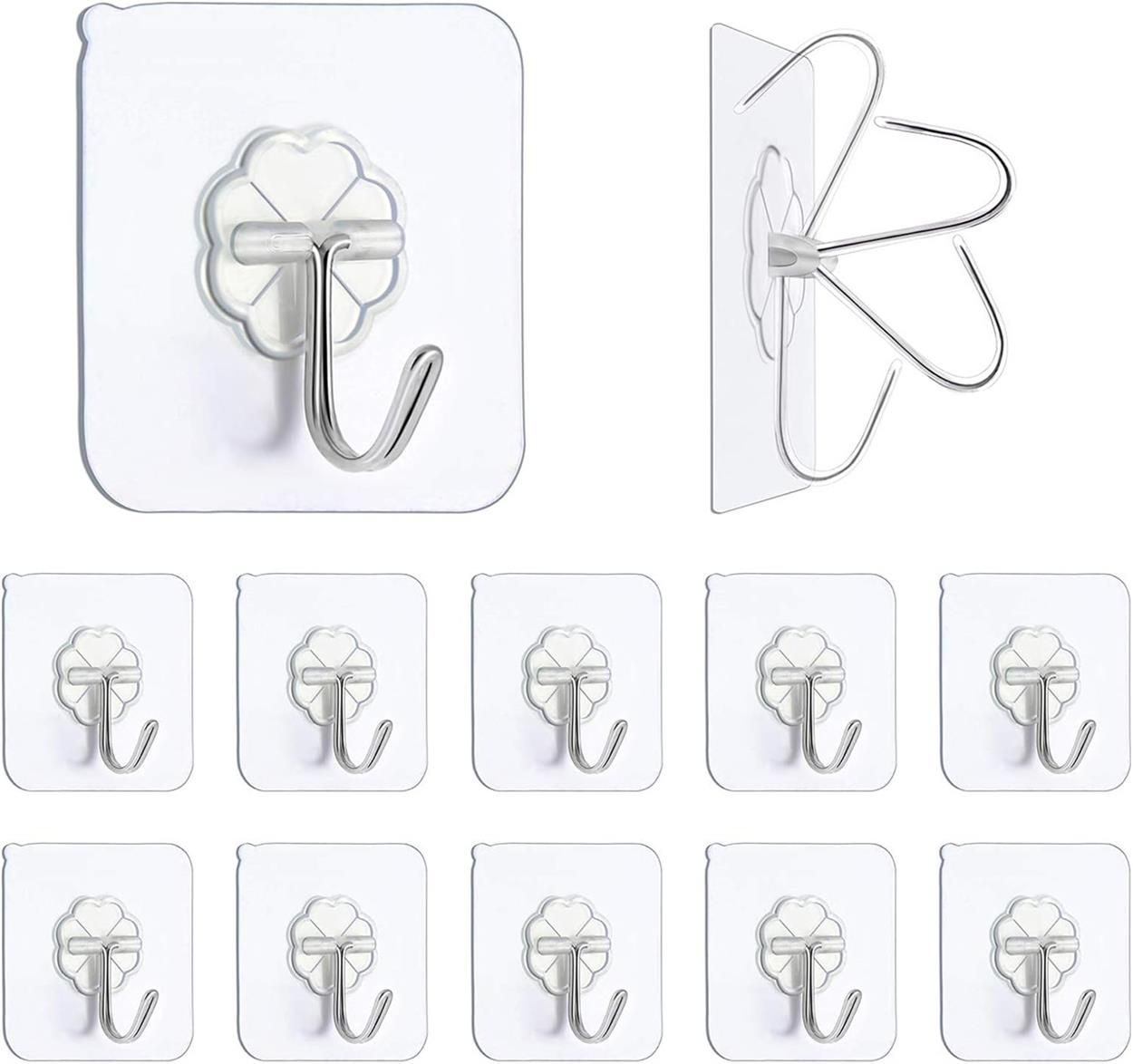 Wall Hooks for Hanging 33lb(Max) Heavy Duty Self Adhesive Hooks Transparent Waterproof Sticky Hooks for Keys Bathroom Shower Outdoor Kitchen Door Home Improvement Utility Hooks