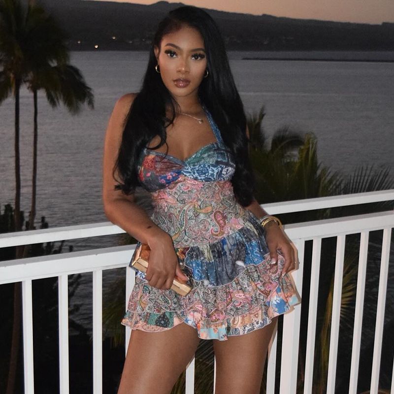 Fresh abstract print ruffled A-line skirt halter halter short dress casual holiday women's wear