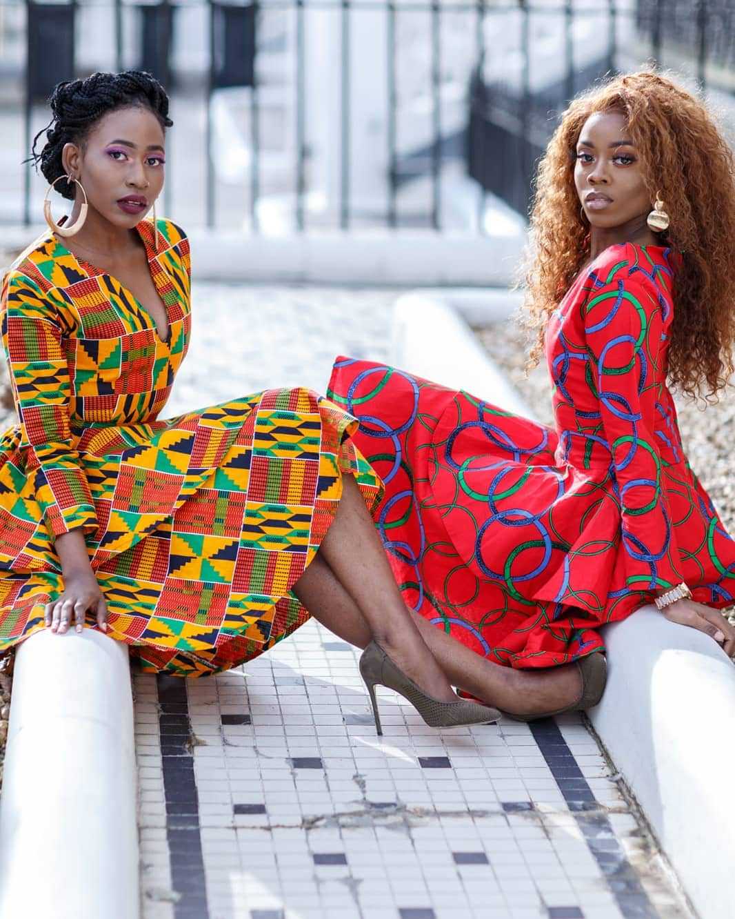 FQIG Women African Floral Print V Neck Long Sleeve Dress Dashiki Ruffle Swing Pleated Layered Ruffled Hem Party Dress