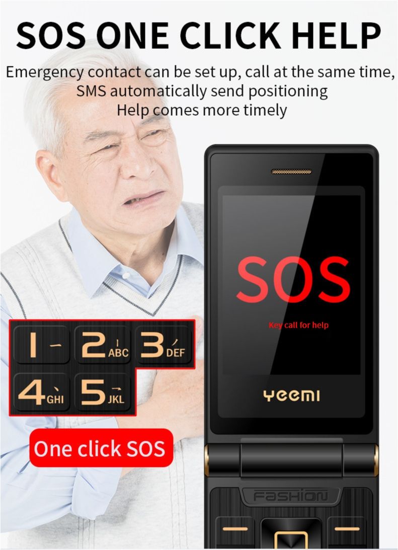 M2-C flip top elderly mobile phone with dual screens, large fonts, large buttons, and long standby time