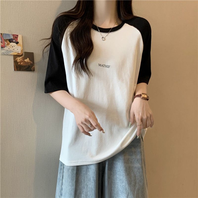 YF7827 Women's Short Sleeve O-collar Raglan Shoulders T-shirt Transfer Printing Print Casual Fashion T-shirt