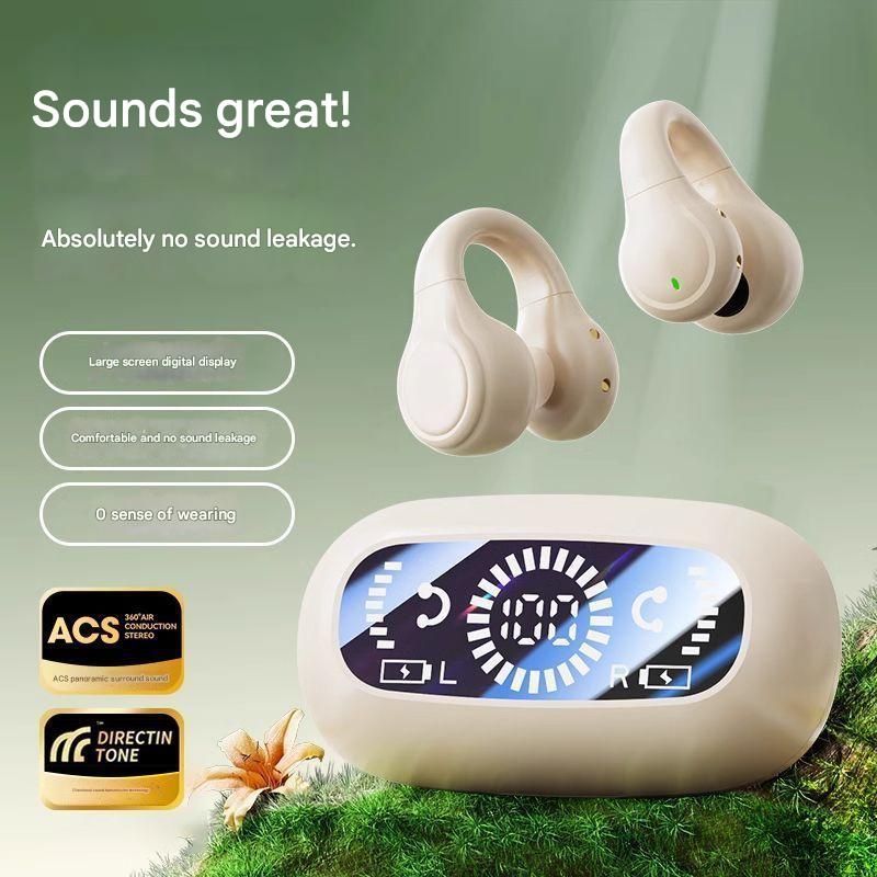 New Open Ear Clip-on Bone Conduction Wireless Bluetooth Earphones, with LED Digital Power Display and Long Battery Life
