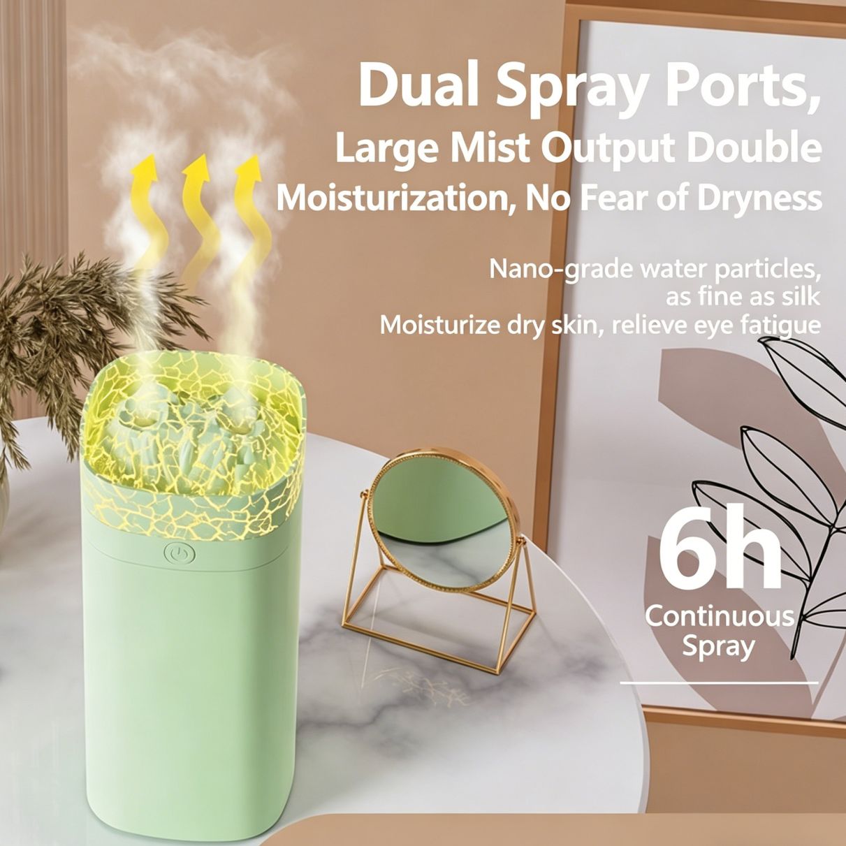 Dual Nozzle Crackle Volcano Humidifier Large Capacity Desktop Air Humidifier USB Powered Quiet Mist Humidifier for Bedroom Home Office Large Spray Portable Small Humidifier
