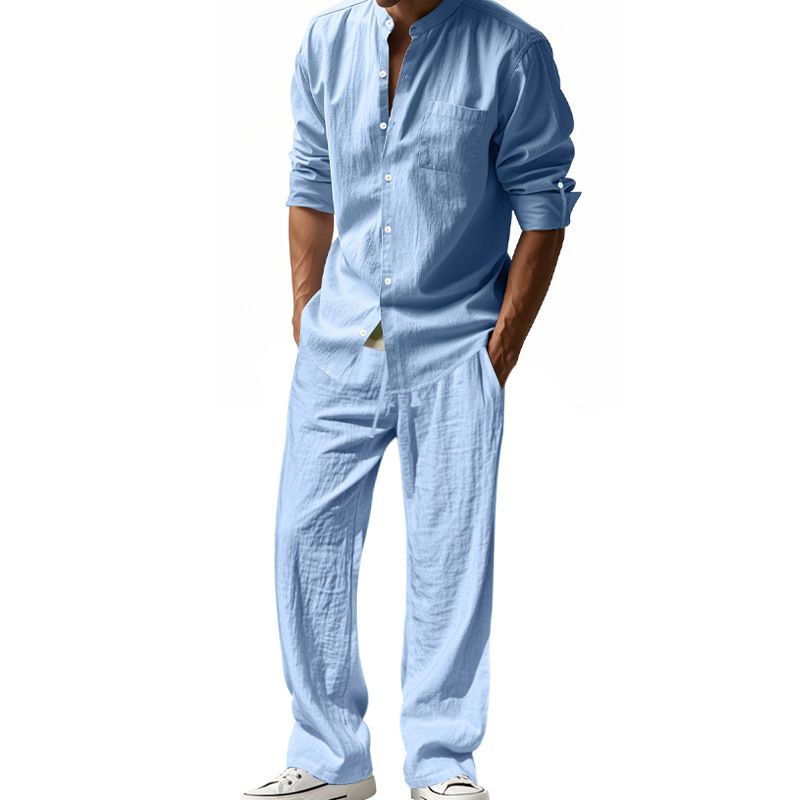 Men's Clothing Sets Two-Piece Outfits Flax Men's Casual Loose Breathable Long Sleeve Long Pants Shirt Beach Set