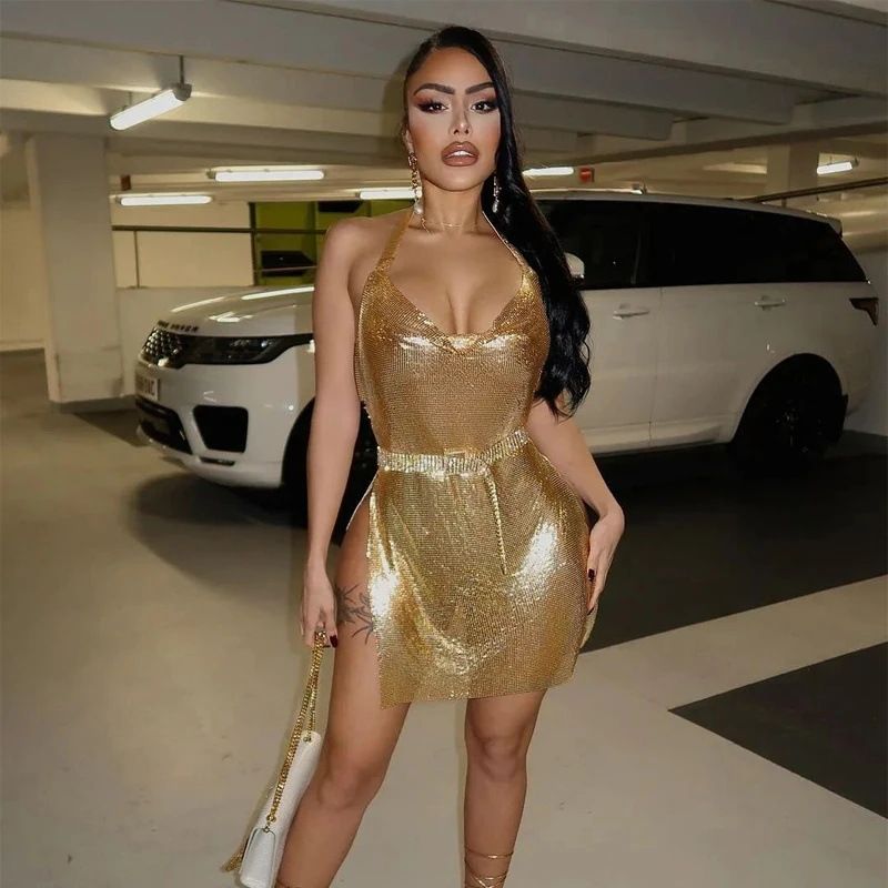 Women Glitter Sequin Dress Sexy V Neck Metal Strap Backless Slim Mini Dress Nightclub Party Evening Wear