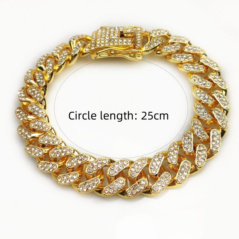 25cm length Cuban Chain Bracelet Hip Hop 12.5mm Full Diamond Big Gold Chain Cuban Chain Necklace Gold Chain CRRSHOP golden ,rose gold，silvery chain Full diamond Cuban chain