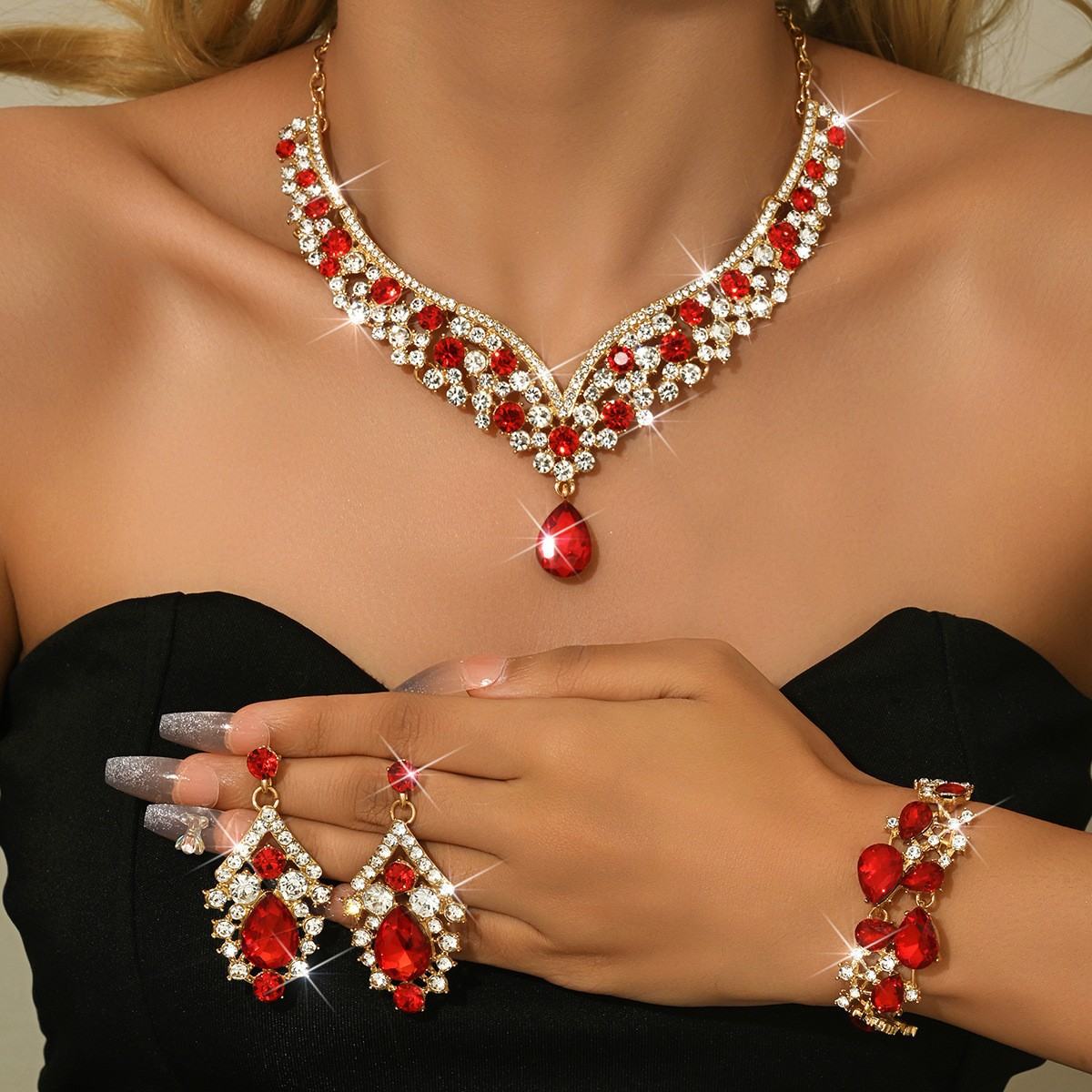 Vintage Palace Teardrop Black Rhinestone 3Pcs Jewelry Set Necklace Dangle Earrings Bracelet Gold Plated Oversized Water Drop Crystal Choker Elegant Statement Accessory For Evening Banquet Formal Prom Wedding Gown Luxury Retro Women Party Ornament Gift
