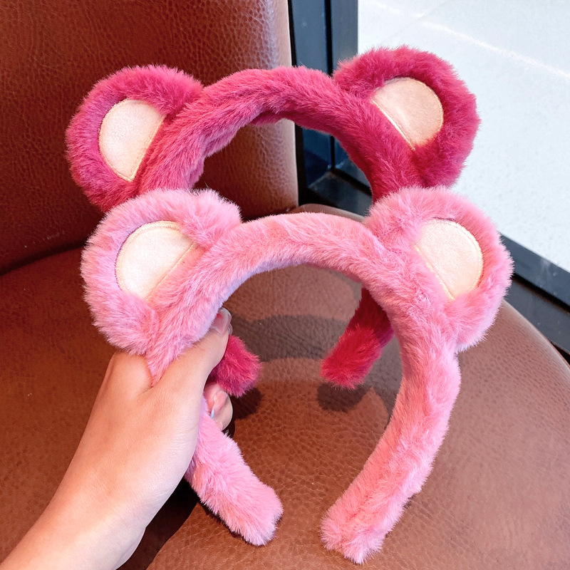 FG59 Plush Strawberry Bear Ear Headband Winter Warm Pink Furry Hairband Wash Hair Hoop Headbands for Women Hair Accessories