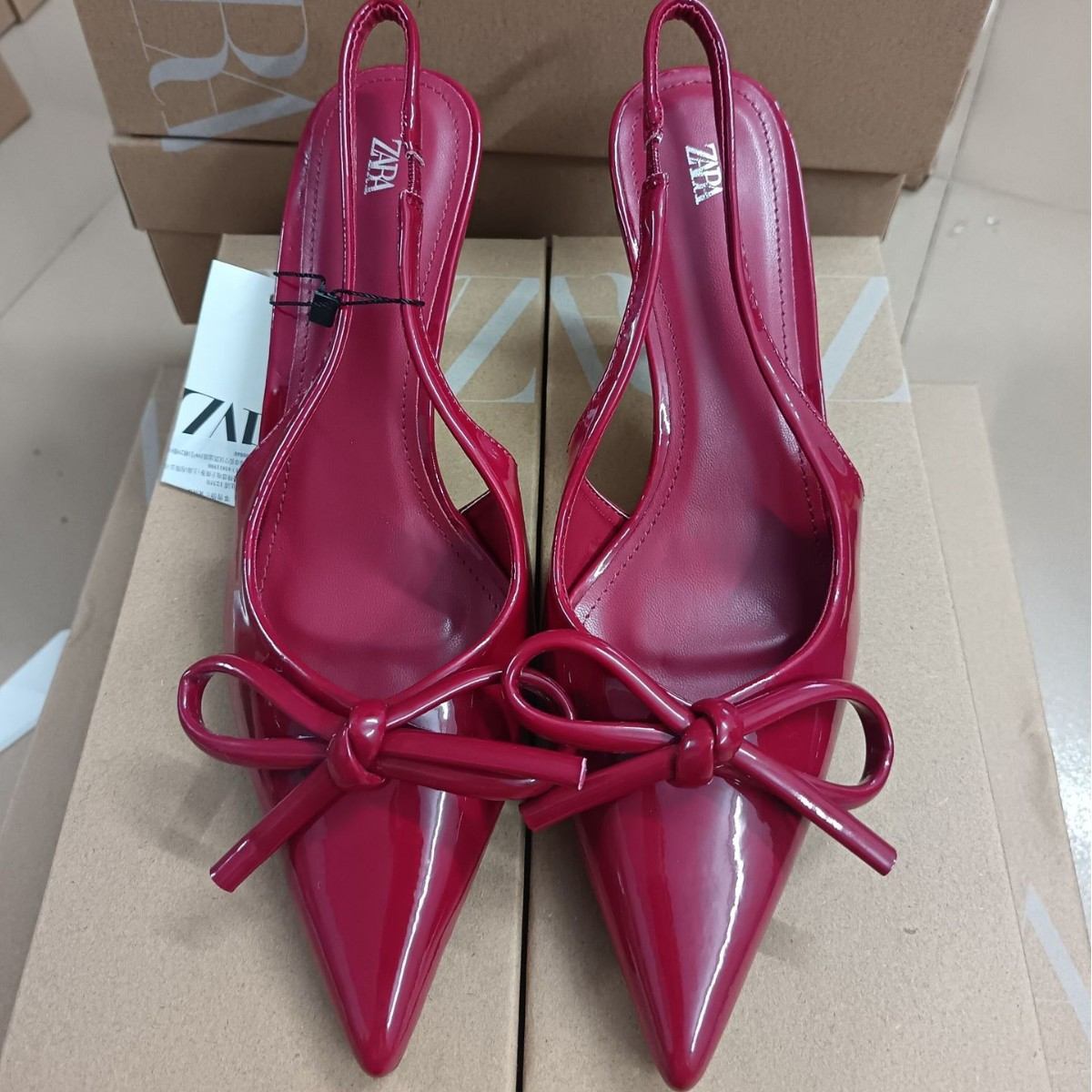 ZA women's shoes 2024 autumn new red patent leather bow decorated with pointed high heels after a word empty head sandals women
