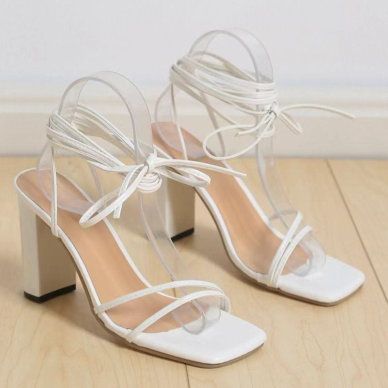 Sexy Square-Toe Ankle Strap High Heels, Chunky Heel High Heels, Cross Strap Sandals, Women's Sandals, White, Size 37-41 