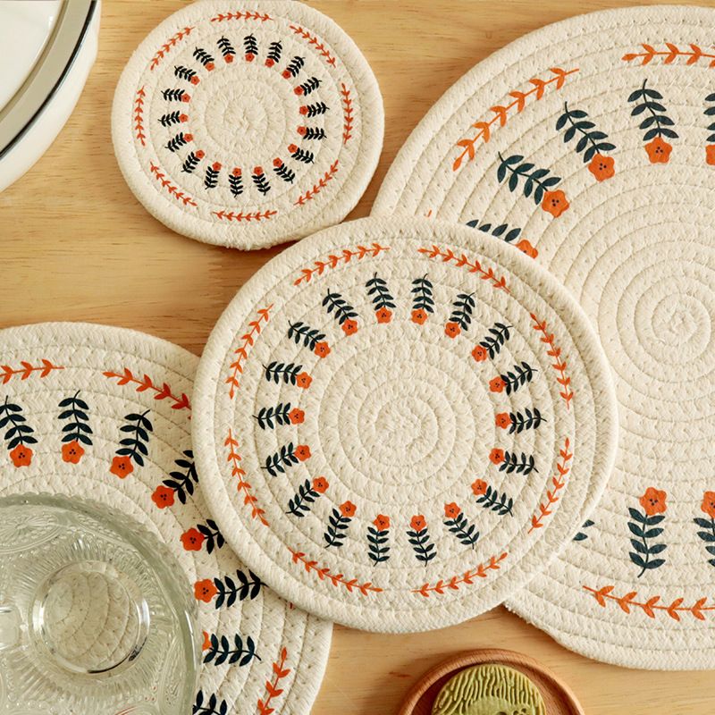 3587 Cotton Woven Nordic Style Print Floral Cherry White Cup Mat Round Dining Table Mat Heat Insulated Pot Mat Pad