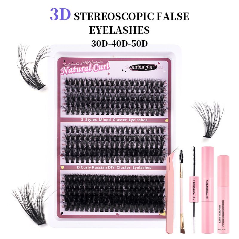 300 Clusters Large Volume 3D D Curl Individual Cluster Lash Extensions Kit Natural Fluffy Curly DIY Segmented Eyelashes Reusable Self Application Lashes Set With Tweezers Glue For European American Makeup Daily Party