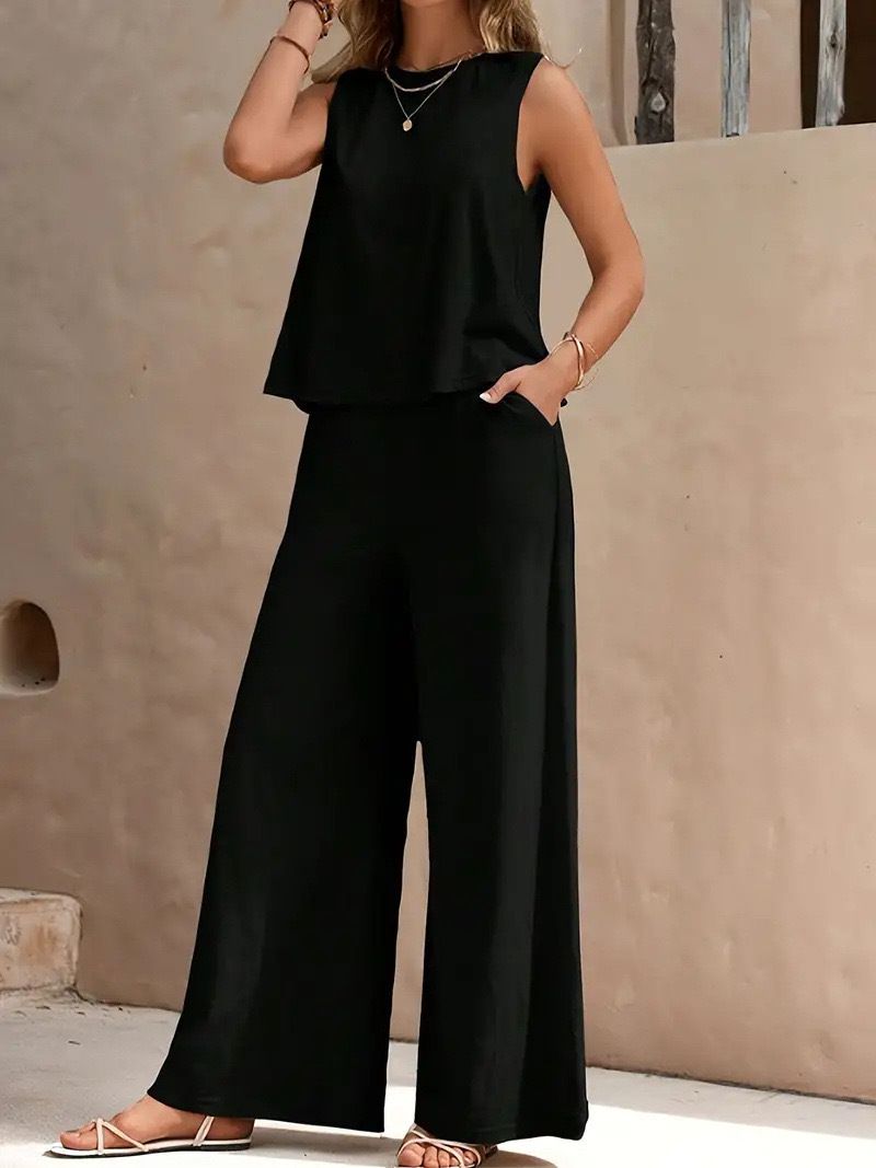 Women's Solid Color Elegant 2 Piece Outfits Crew Neck Sleeveless Vest Tank Top and Wide Leg Pants Set Casual Loose Matching Sets