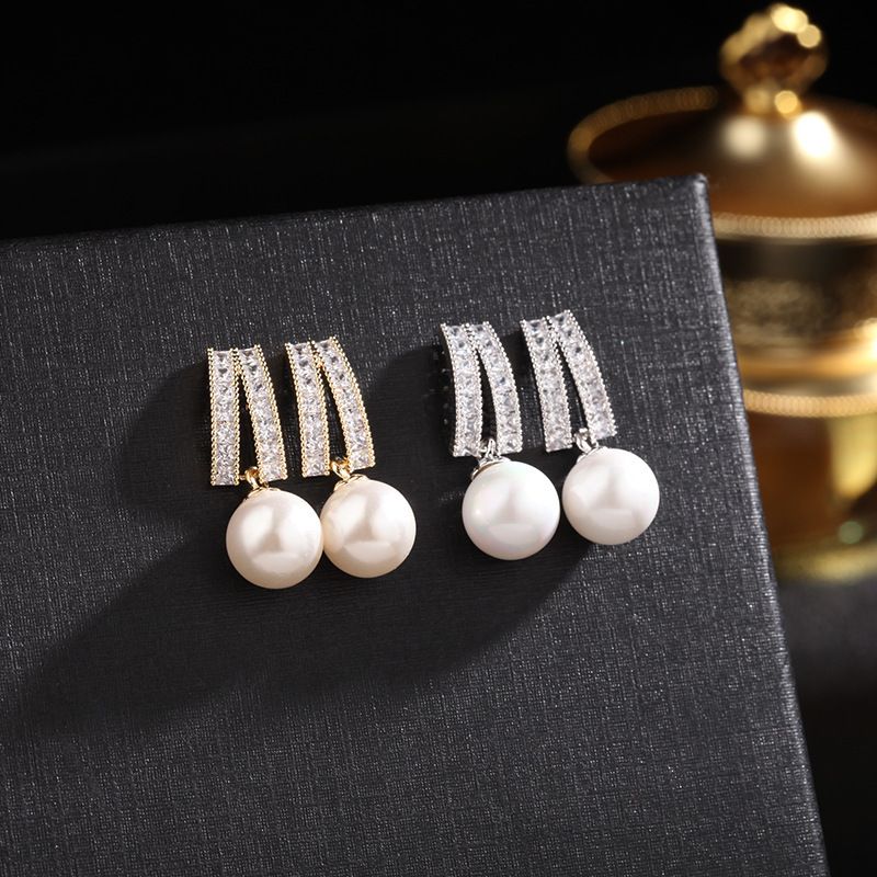 M968 Geometric Brass Cubic Zirconia 925 Silver Needle Pearl Earrings