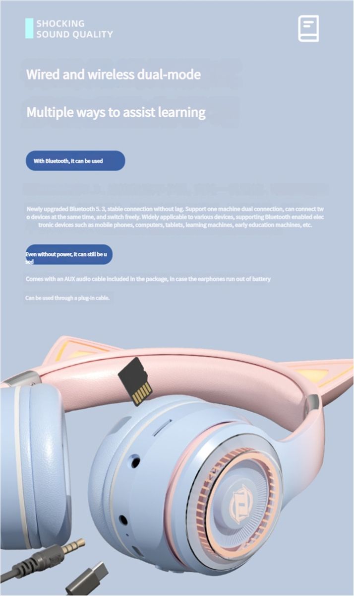 Cat Ear Ears Back Earphones Head Mounted Children's Recitation Bluetooth Student Learning Specific Luminous Endorsement Artifact