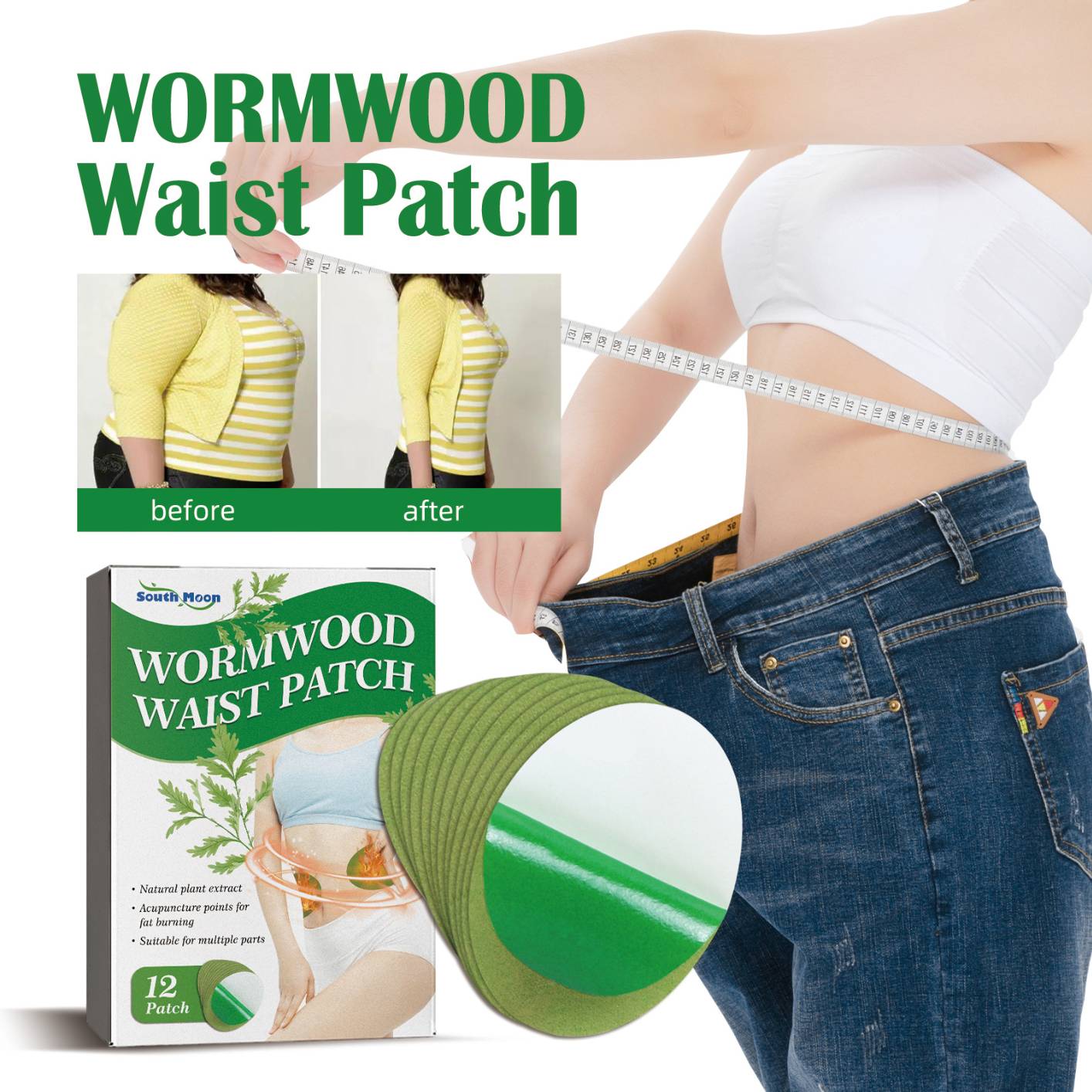 Wormwood Waist Patch - Natural Plant Slimming Waist Patch, BodyShaper Wormwood Waist Patch for Waist, Arms, Legs