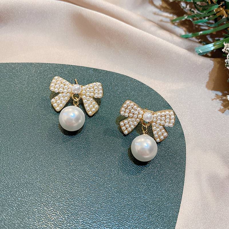 M1154 Fashion Bow Charm Gift Jewelry Sweet Cute 925 Silver Needle Elegant Pearl Bow Knot Stud Earrings For Women Girls