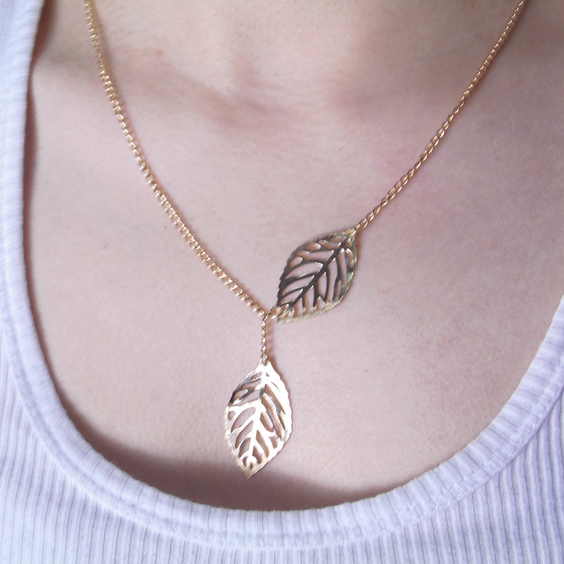 x348 Double Metal Leaf Decor Charm Necklace