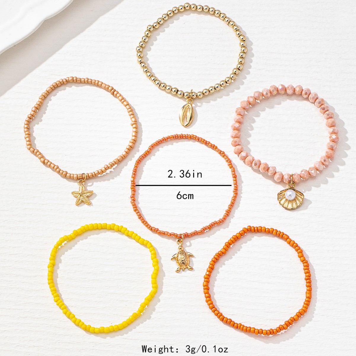 6-Piece Boho Beach Beaded Bracelet Set with Ocean Charms (Starfish, Turtle, Shell), Multi-Color Stretch Beads, Tropical Summer Stackable Jewelry for Women