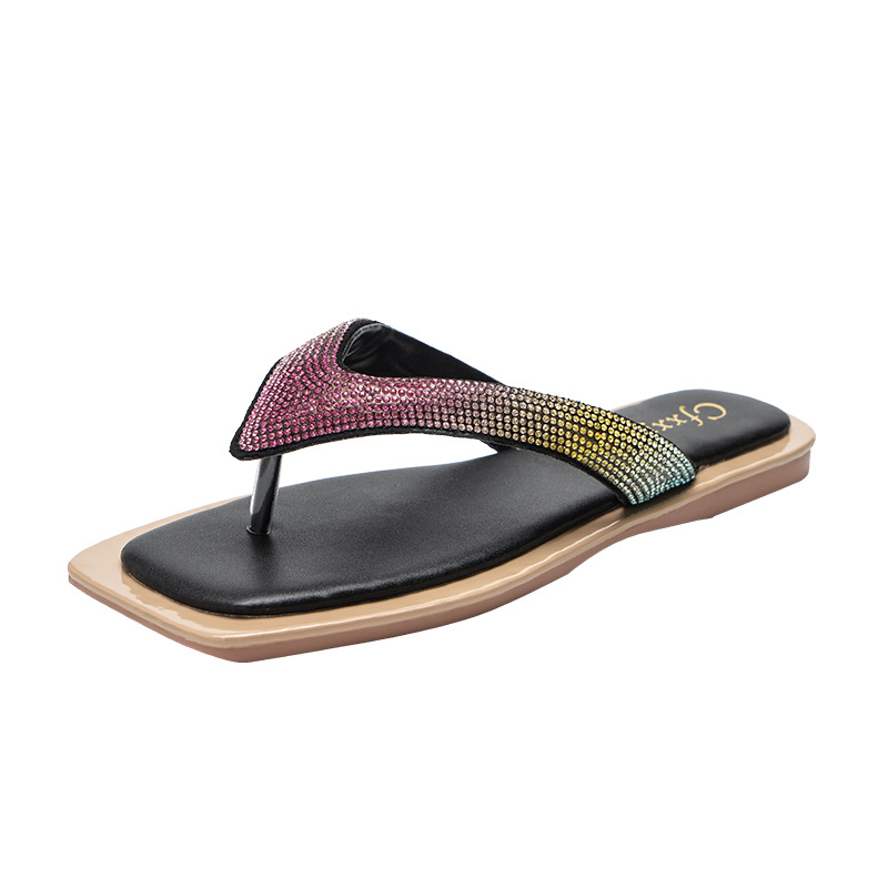 LX2020-19 Rhinestone Decor Flip Flops Casual Square Toe Flat Slide Slippers