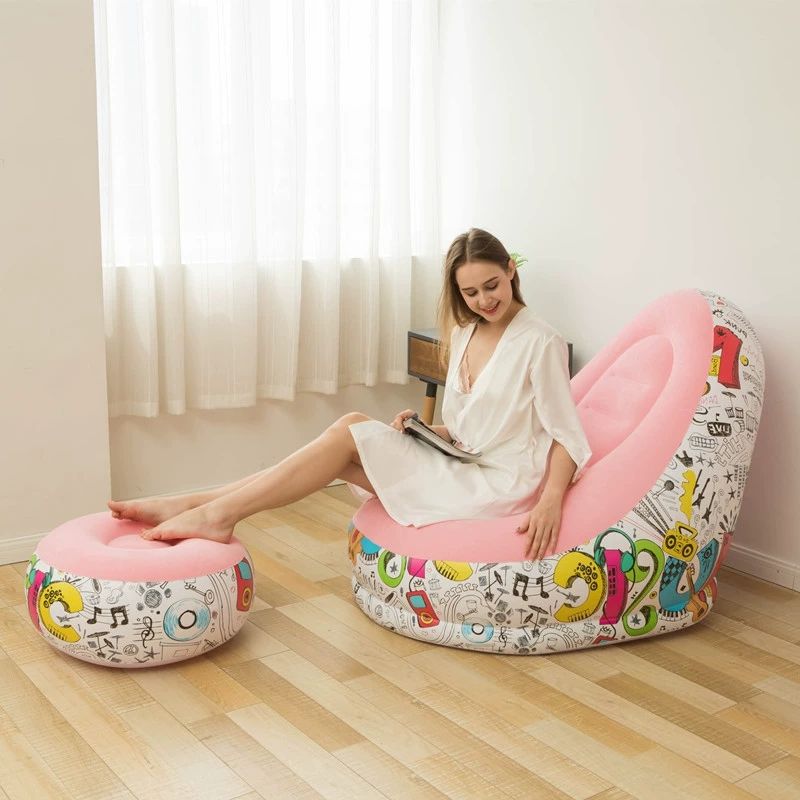 Flocking inflatable sofa indoor graffiti sofa lazy with footstool folding recliner sofa leisure air cushion sofa recliner