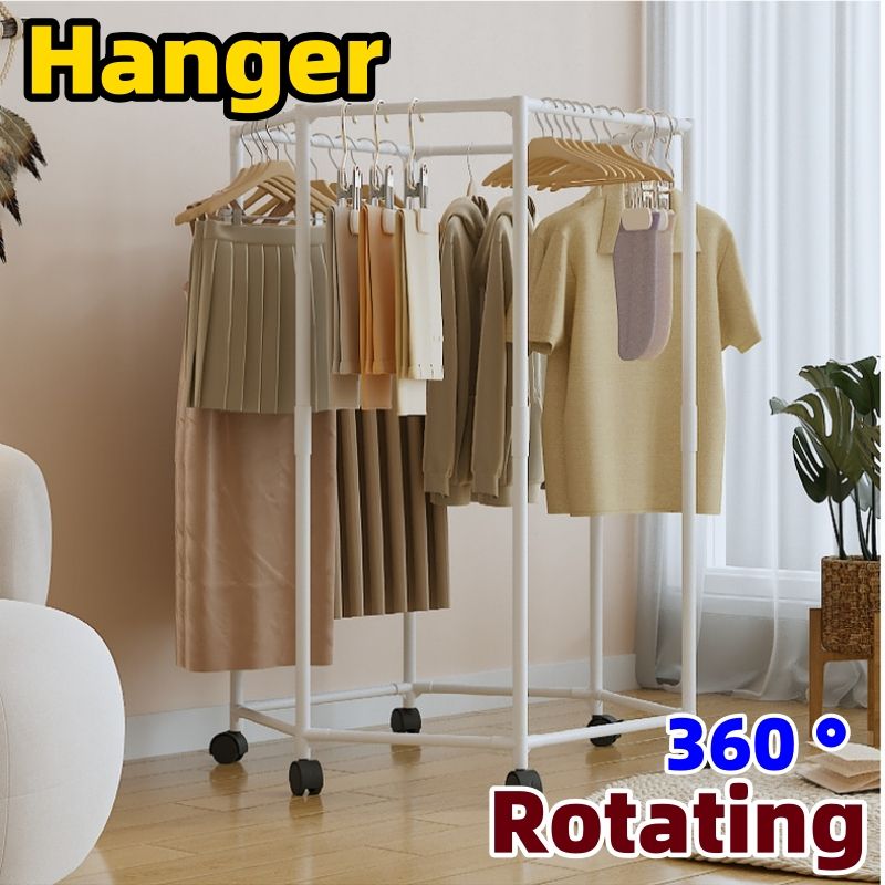 Hexagonal rotating floor mounted clothes hanger, Two layer hanger clothes rack, indoor drying rack, movable coat rack 