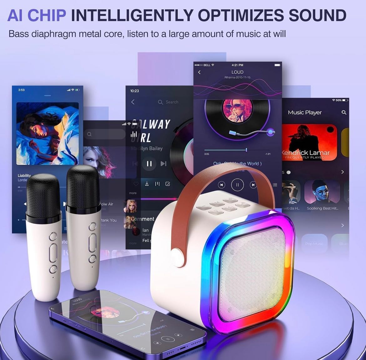 Mini Karaoke Machine, Portable Bluetooth Speaker with 2 Wireless Microphones, Outdoor Live Home K-song Bluetooth Audio with Microphone, Christmas and Birthday Gifts Suitable for Girls and boys