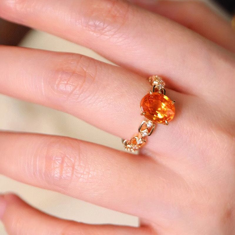 Adjustable Open Gold Plated Ring, Oval Cut Yellow Cubic Zirconia Simulated Citrine Ring, Vintage Chain Band Promise Ring for Women, Luxury Colorful Gemstone Jewelry
