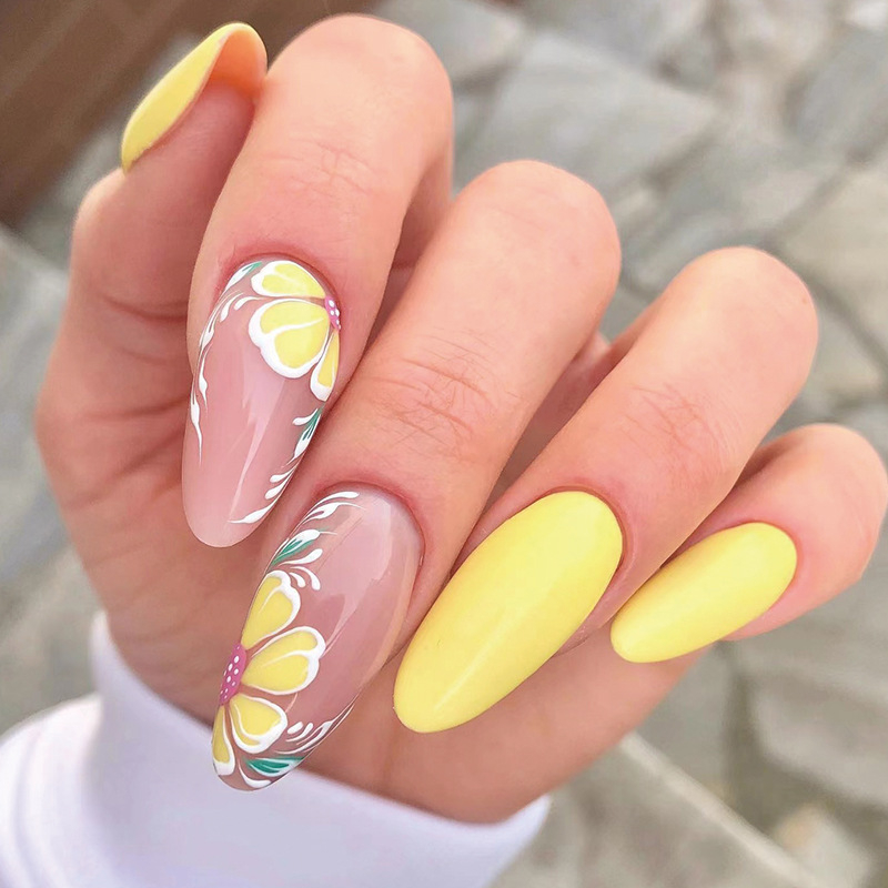 JP1693 24 Pcs Glossy Press on Nails, Medium Stiletto Flower Print Fake Nails, Acrylics Full Cover False Nails for Women and Girls
