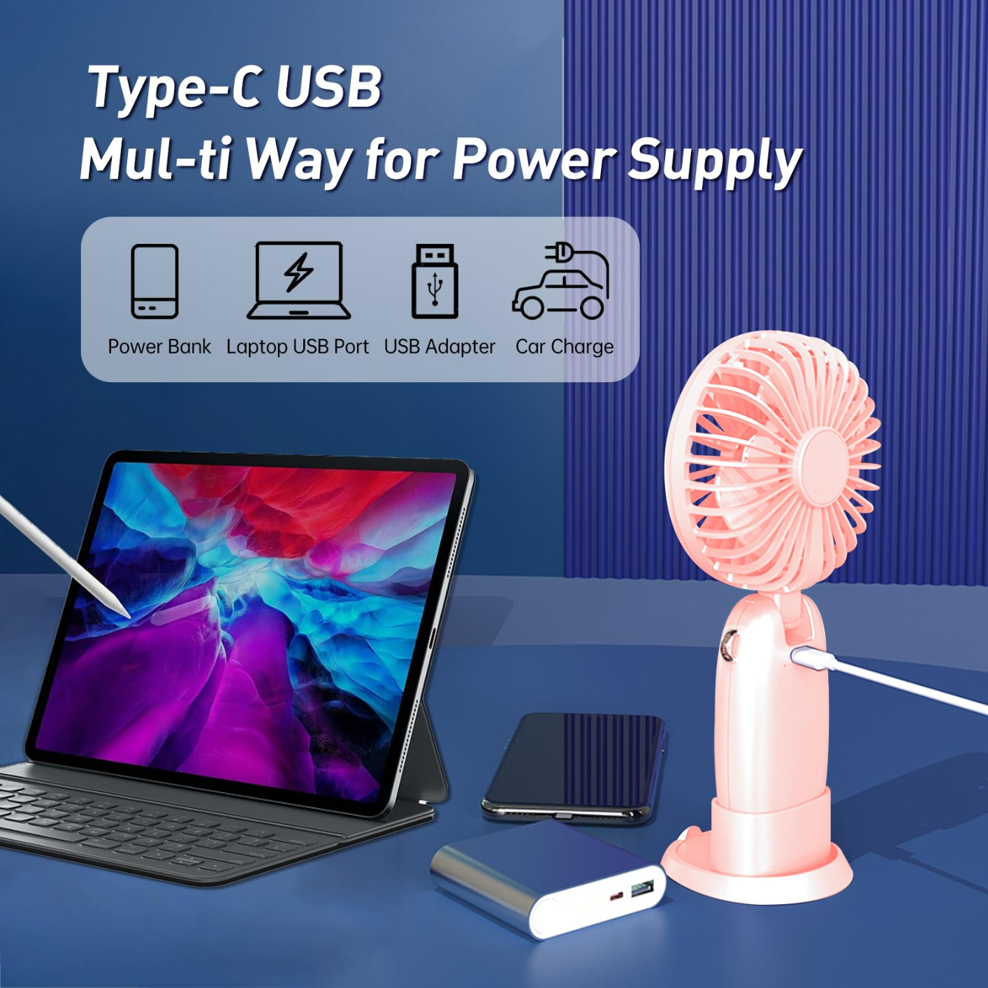 T14 Portable Handheld Fan, USB Rechargeable Foldable Fan, Personal 5 Speed Powerful Small Desk, 90 Foldable Fan with Base, 3 in 1 Hand Travel Fan with Digital Display for Commute, Office, Pink