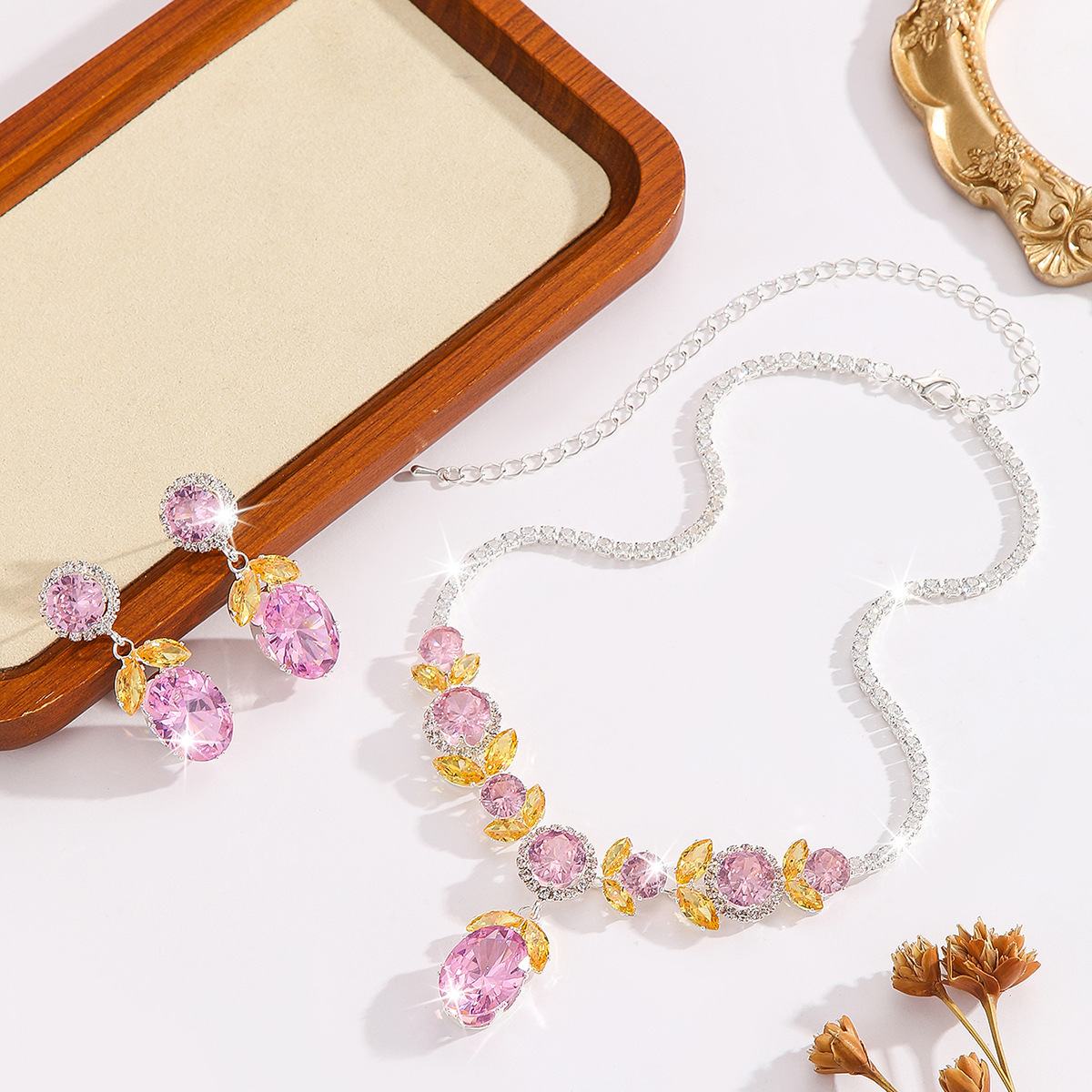 Elegant Feminine 2Pcs Cubic Zirconia Jewelry Set, Adjustable Collarbone Necklace Decorated With Halo-Set Pink Gems and Golden Leaf Accents plus Central Teardrop Pendant, Coordinating Dual-Layer Pink Drop Earrings, Luxurious Rhinestone Embellishments, Stunning Ornaments for Wedding Ceremonies, Holiday Christmas Parties, Evening Banquets, Formal Prom Dressing and Festive Photoshoots, Delicate Versatile Gift Jewellery Selection for Women for All Kinds of Celebratory Moments
