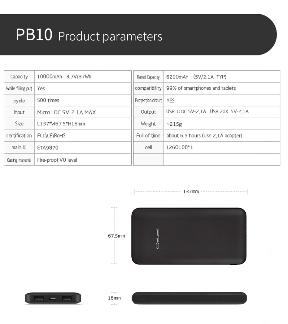 IPRO PB10 Power Bank 10000mAh with 1 Micro 2 USB Interface External Charging For Smart Mobile Phone Laptops Iphone Samsung Xiaomi Infinix Battery Charger Outside