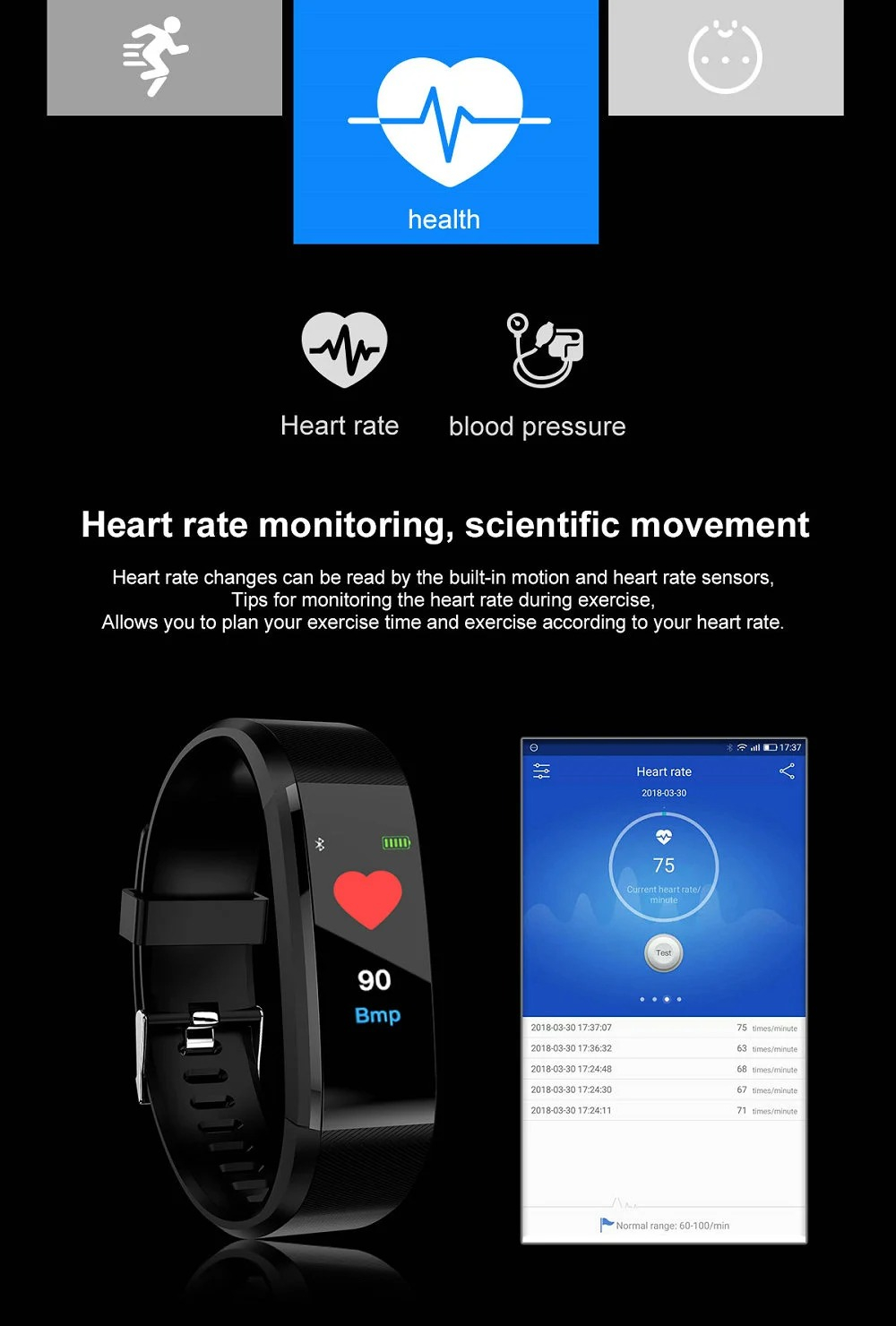 Smart Band Watch Color Screen Heart Rate Monitor Smart Bracelet Sports Fitness Tracker for IOS Android