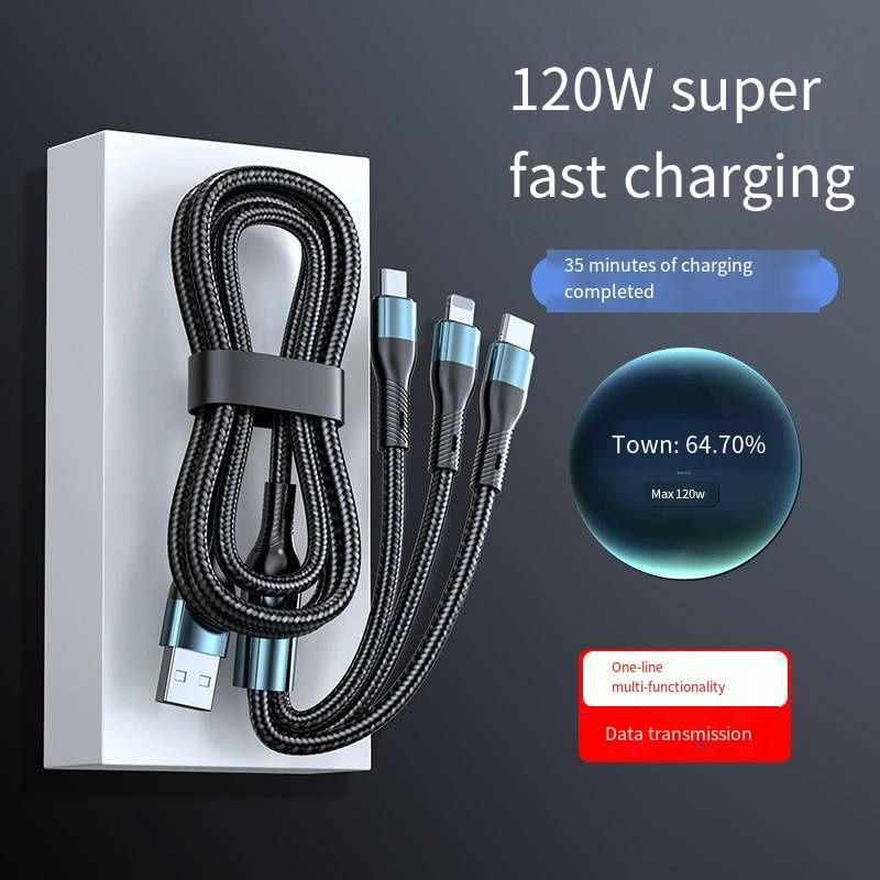 120W Super Fast Charging 3-in-1 Cable, 6A High Current Nylon Braided Universal Charger Cord, Multi-Port Type-C/Micro/Lightning Data Cable, Durable Anti-Tangle Charging Wire for Huawei Xiaomi Android iPhone Car Home Use