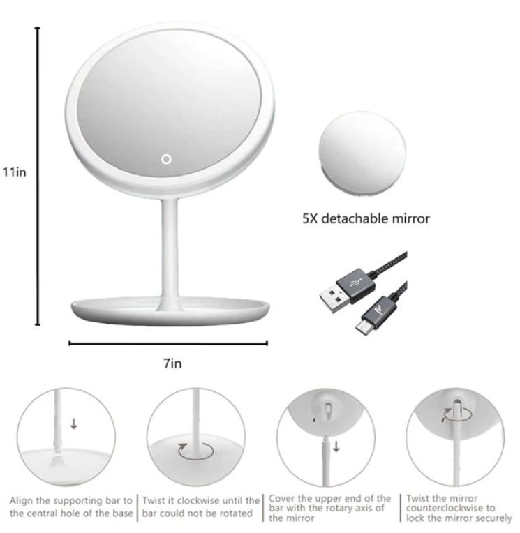 LED Makeup Mirror With Light Lamp With Storage Desktop Rotating Cosmetic Mirror Light Adjustable Dimming USB Vanity Mirror