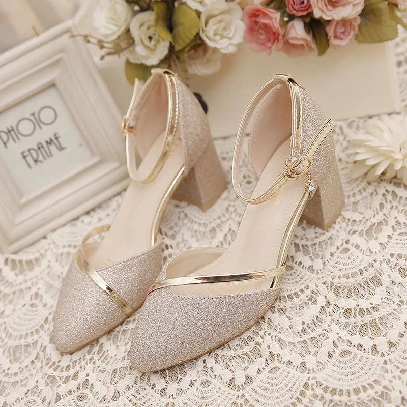 A18 Shiny Bling Bling Pu Solid Color Party Shoes Block High Heels Shoes Women Thin Heel Pumps Shoes